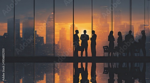 Silhouette group discussing by skyscraper windows at sunset