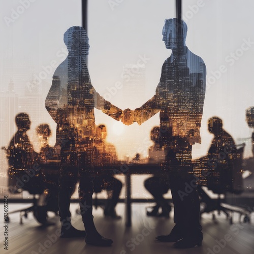 Silhouette handshake in office, overlayed with cityscape, business meeting