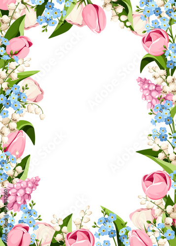 Floral frame with pink tulip flowers, white lily of the valley flowers, and blue forget-me-not flowers. Greeting or invitation card design with spring flowers. Vector floral border