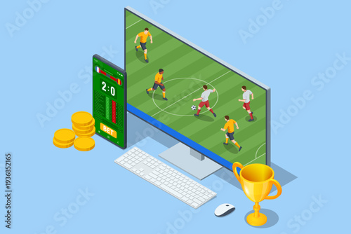 Isometric online football betting concept with laptop screen showing soccer match, smartphone with betting interface, gold coin and trophy. Digital sport gambling platform with score board and match