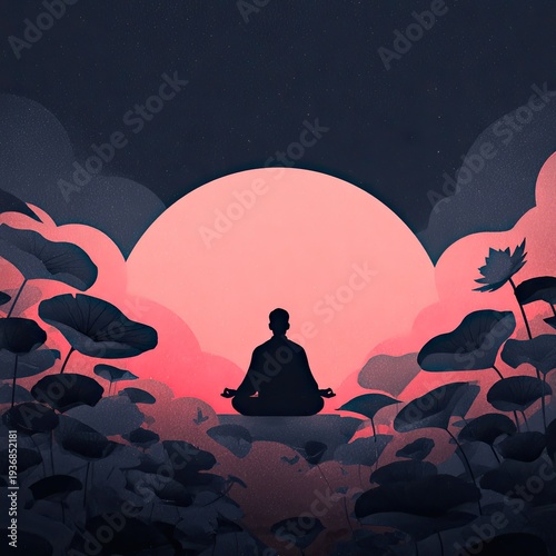 Silhouette meditates atop lotus among clouds, soft pink sunset in background