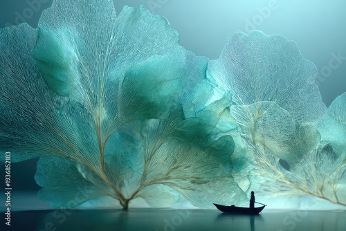 Silhouette in a boat beneath giant, ethereal leaf structures