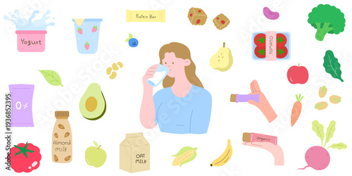 Healthy food and product vector set with woman drinking milk – fruits, vegetables, vegan and plant-based nutrition elements