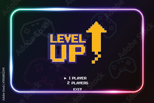 LEVEL UP by selecting a player or exiting the game's main menu. Modern trendy game background with lighting effect.	