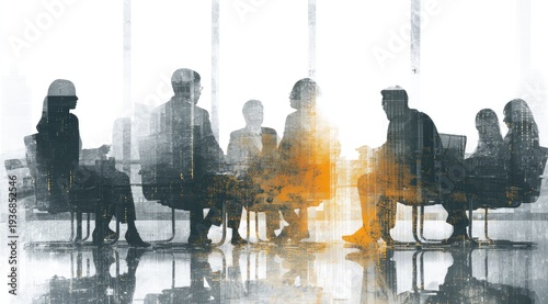 Silhouette of people in a meeting room, overlapping, bright lighting