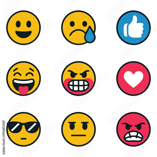 Smileys emoticons vector set, featuring happy, sad, love, laugh, and neutral faces, perfect for chat apps, social media reactions