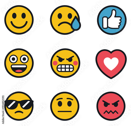Smileys emoticons vector set including various facial expressions such as joy, sadness, love, laughter, and surprise, ideal for web, mobile apps