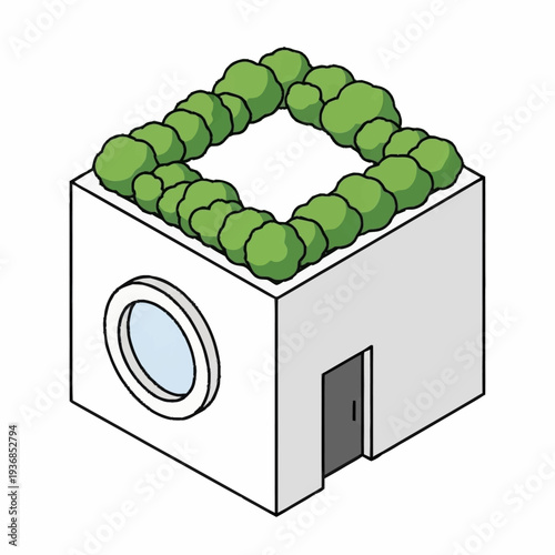 Simple illustration of a white building with green trees surrounding the rooftop.