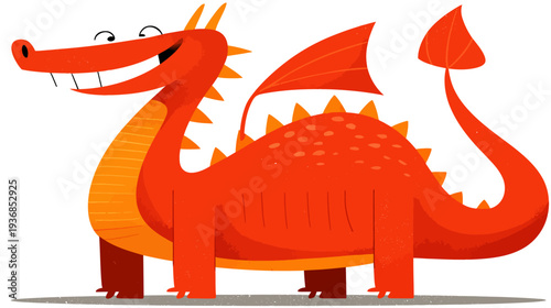 A friendly cartoon dragon with vibrant red and orange scales, a happy smile and stubby legs