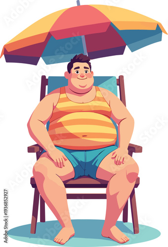  uomo seduto su sedia al mare in spiaggia con ombrellone che prende il sole in costume da bagno vettoriale 