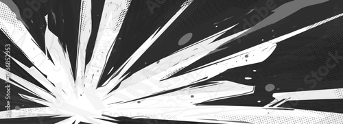 Comic Explosion Effect with Abstract Manga and Cartoon Halftone Bg for Anime in Black and White with Bw Impact. Dynamic Smoke and Vector Explosive Flame for A Vibrant Background of Energy.