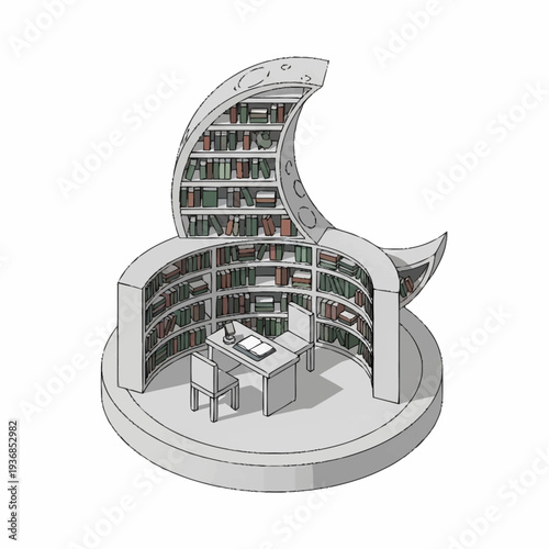 Futuristic library design with crescent moon shaped bookshelves and modern desk.