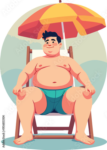  uomo seduto su sedia al mare in spiaggia con ombrellone che prende il sole in costume da bagno vettoriale 