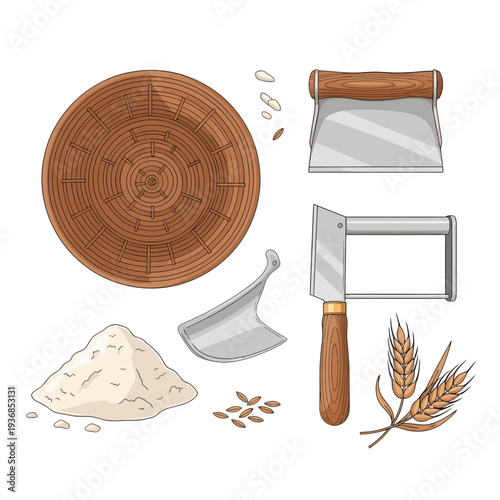 Celebrating National Sourdough Bread Day with freshly baked bread, flour, wheat, pastry blender, and dough scraper on a clean surface