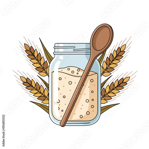 Celebrating National Sourdough Bread Day with a Jar of Fermenting Dough and Wheat Ears