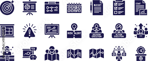 Project Management, Strategic Risk Assessment, and Business Decision Execution Glyph Icon Set