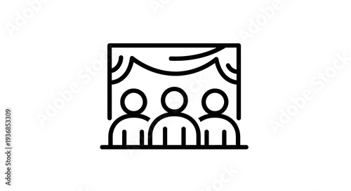 Audience watching a performance on stage with curtains, simple line art icon, vector illustration for event or show concepts