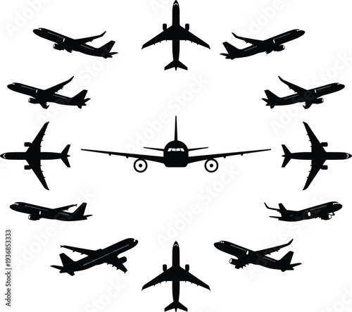 Airplane silhouette vector set, commercial passenger aircraft icons isolated on white background in multiple flying perspective views