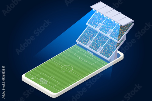 Isometric football stadium arena with green soccer field, tribune seat and sport infrastructure. Large arena prepared for professional championship match. Sport architecture and fan event location.