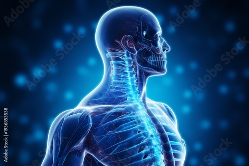 Human anatomical structure with visible skeleton, nerves, and muscles against a blue background