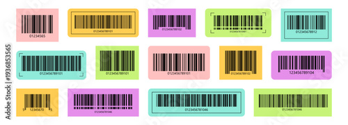 Set of color barcode stickers fake with different thick and thin lines. Vertical streaks, strips with random information lines. Abstract geometric texture background for retail, supermarket