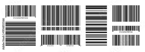 Set of barcode fake with different thick and thin lines. Vertical streaks, strips with random information lines. Abstract geometric texture background for retail, supermarket