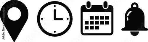Basic User Interface Navigation Icon Set with Location Pin Clock Calendar and Notification Bell Symbols