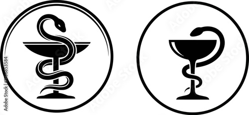 Medical symbols with snakes and bowls in circular designs