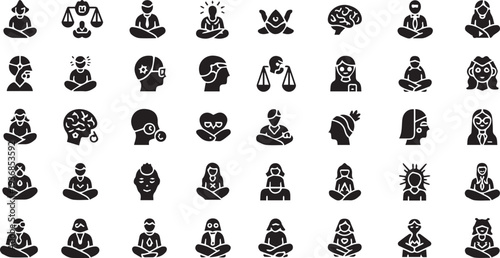 Mindfulness Meditation, Mental Wellness, and Zen Spiritual Balance Glyph Icon Set