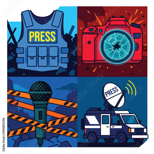 Frontline War Journalism and Press Broadcasting Icon Set