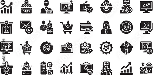 Business Sales Strategy, Market Analysis Growth, and Retail Marketing Glyph Icon Set