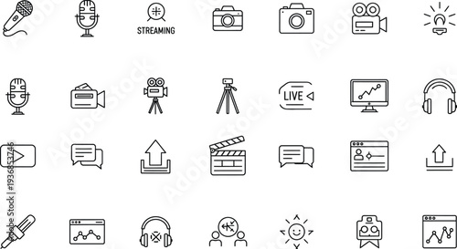 A simple line art icon of a studio microphone, symbolizing audio recording, podcasting, live streaming, and broadcasting in digital media and communication.