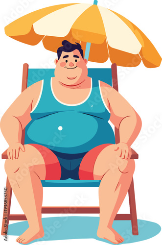  uomo seduto su sedia al mare in spiaggia con ombrellone che prende il sole in costume da bagno vettoriale 