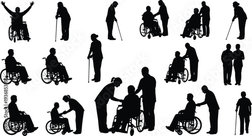 Black Silhouette Set of Elderly People in Wheelchairs with Caregivers and Patients with Walking Sticks Isolated on White Background for Stock Vector