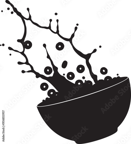 Breakfast cereal splashing out of bowl silhouette. dynamic action for food and drink concepts or april fools day fun
