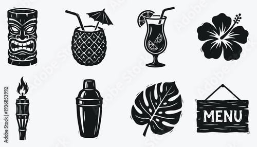 Tiki Bar Icons Set Black Silhouette Tropical Party Elements