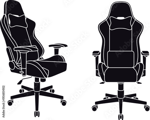 Gaming chair silhouette set, ergonomic racing style office and gamer seat with wheels and armrests, comfortable computer chair for esports, streaming and workspace