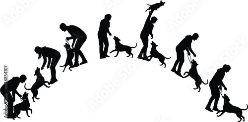 Black Silhouette Set of People Training and Playing with Dogs and Puppies in Various Active Poses Isolated on White Background for Vector