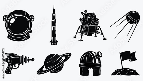 Space Exploration Icons Black Silhouette Vector Set
