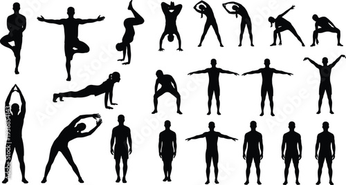 Black Silhouette Set of People Practicing Yoga Poses and Fitness Exercises for Wellness Health and Active Lifestyle Concepts on White