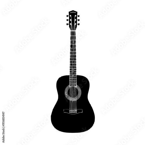 Acoustic guitar silhouette, musical instrument, professional music equipment, vector art, isolated on transparent background