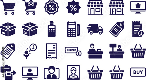 E-commerce Online Shopping, Retail Sales, and Consumer Store Glyph Icon Set