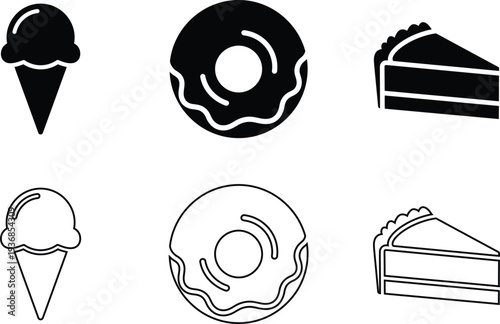 A variety of sweet treats including ice cream cones donuts and cake