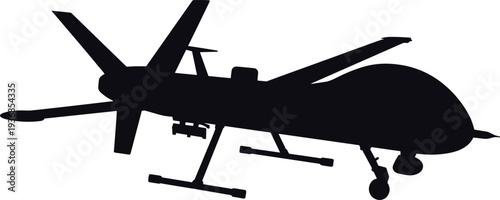 Military drone silhouette vector, unmanned aerial vehicle UAV with missiles and surveillance equipment, modern warfare technology aircraft isolated on white background