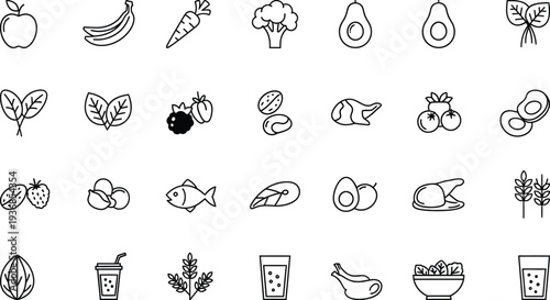 A diverse compilation of black and white outline icons showcasing a variety of healthy food items, including fruits, vegetables, proteins, and grains, promoting a balanced and nutritious diet.
