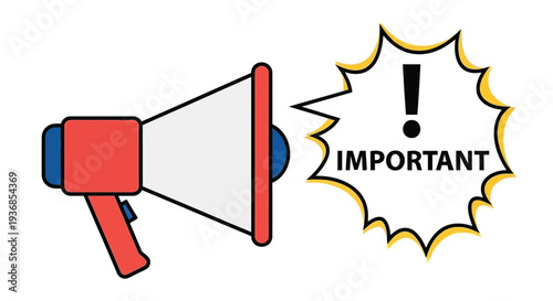 A red megaphone announces an important message with a black exclamation point