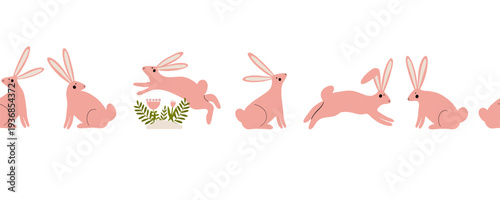 Seamless line with bunnies and flowers on a white background. Vector illustration for websites and fabric. Repeating pattern for Easter.