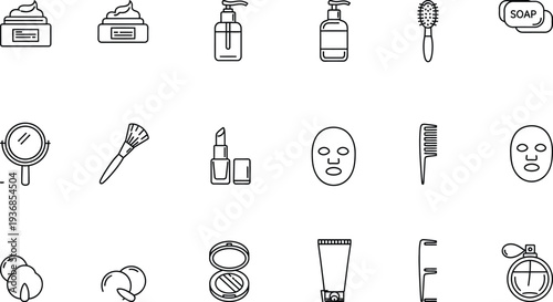 A comprehensive suite of black and white line art icons depicting various beauty products, makeup tools, and skincare essentials used in daily personal care routines and cosmetic applications.