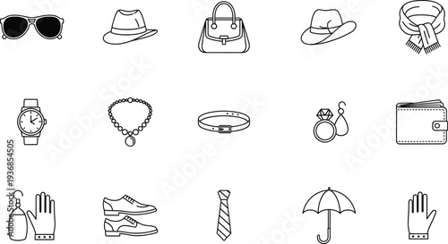 An extensive array of black and white outline icons illustrating a wide range of fashion accessories for both men and women, encompassing items that complement personal style and attire.