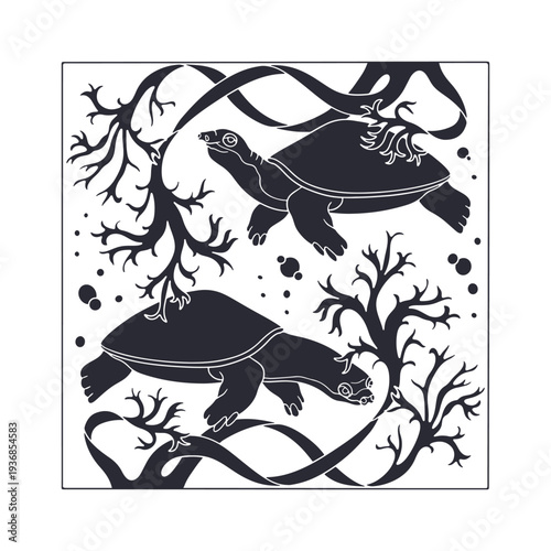 Art nouveau style turtle couple swimming in ocean amongst seaweed hand drawn vector illustration